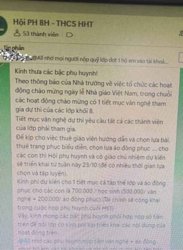 Tin nhắn vận động phụ huynh đóng góp 700.000 đồng/học sinh để phục vụ cho dịp Ngày nhà giáo Việt Nam 20/11