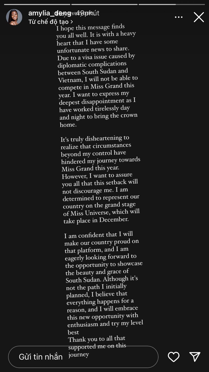 Đoạn chia sẻ của đại diện Nam Sudan về việc không thể dự thi Miss Grand International 2023. 