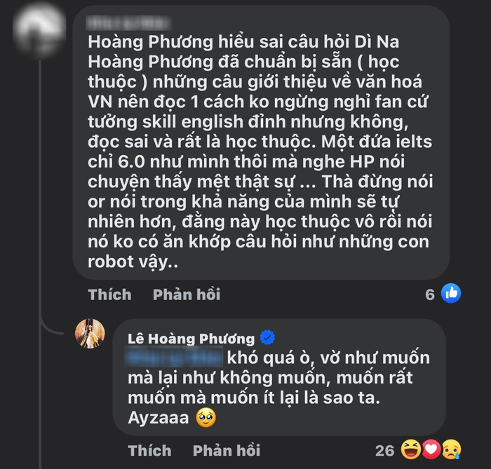 Bình luận của khán giả nói Hoàng Phương trả lời giống 'robot' gây chú ý trên diễn đàn sắc đẹp.