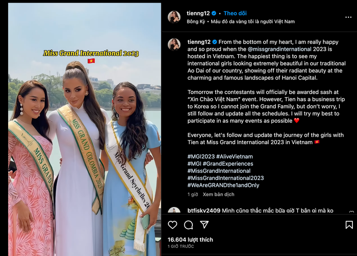 Thuỳ Tiên chia sẻ việc bản thân bận lịch trình cá nhân, không thể tham gia các hoạt động của MGI. (Ảnh chụp màn hình)