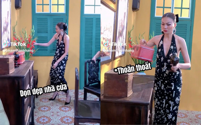 Thanh Hằng chú ý đến những vật dụng lộn xộn khi đi làm, cô nhanh chóng sắp xếp đồ trên bàn gọn gàng, ngăn nắp hơn