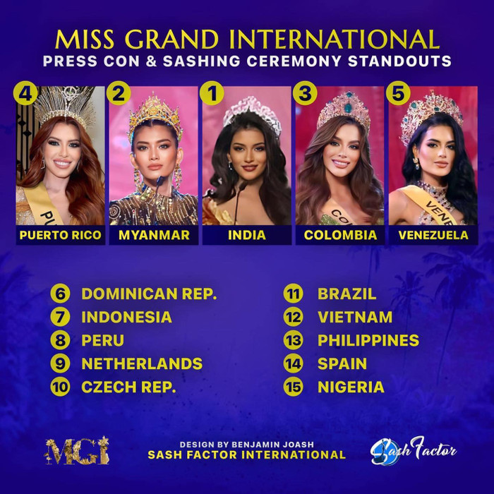 Lê Hoàng Phương được đánh giá lọt top 15 thí sinh có phần thể hiện xuất sắc tại tiệc trao sash Miss Grand International 2023. (Ảnh: Sash Factor)