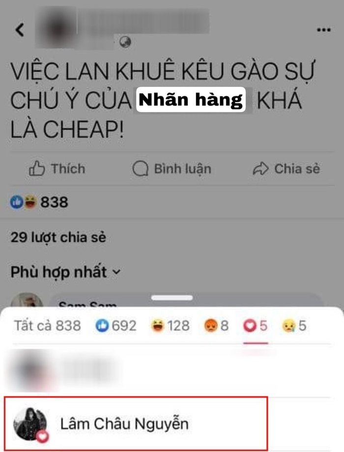 Trước cơn bão chỉ trích tại tập 9 T.N.M, Lâm Châu từng có hành động thả tim bài đăng nói xấu Lan Khuê khiến dân mạng phẫn nộ. 