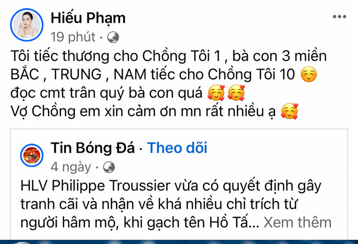 Vợ hậu vệ Tấn Tài, nàng WAGs Phạm Thị Hiếu khiến fans đứng ngồi không yên với dòng trạng thái liên quan đến chuyện chồng không được HLV Troussier gọi lên tuyển Việt Nam. Ảnh chụp màn hình