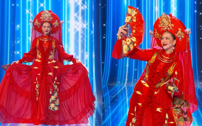 Bùi Quỳnh Hoa diễn National Costume 'xuất thần' ở MU: Bung skill xoay váy liên hoàn kết hợp múa quạt Ảnh 2