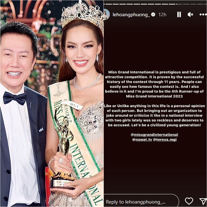Lê Hoàng Phương lên tiếng bảo vệ cuộc thi Miss Grand International khi có nàng hậu nhận xét 'cuộc thi tệ nhất Philippines'.
