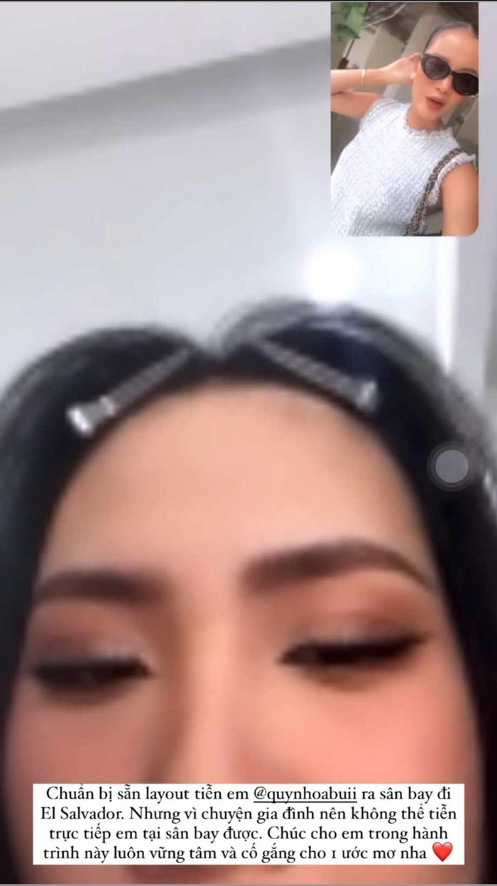 Hương Ly gửi lời chúc đến Bùi Quỳnh Hoa qua video call vì không thể trực tiếp đến sân bay. 