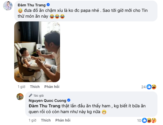 Màn tương tác giữa Cường Đô La và Đàm Thu Trang về hình ảnh quý tử thứ 3 ăn dặm nhận được sự quan tâm từ người hâm mộ. 