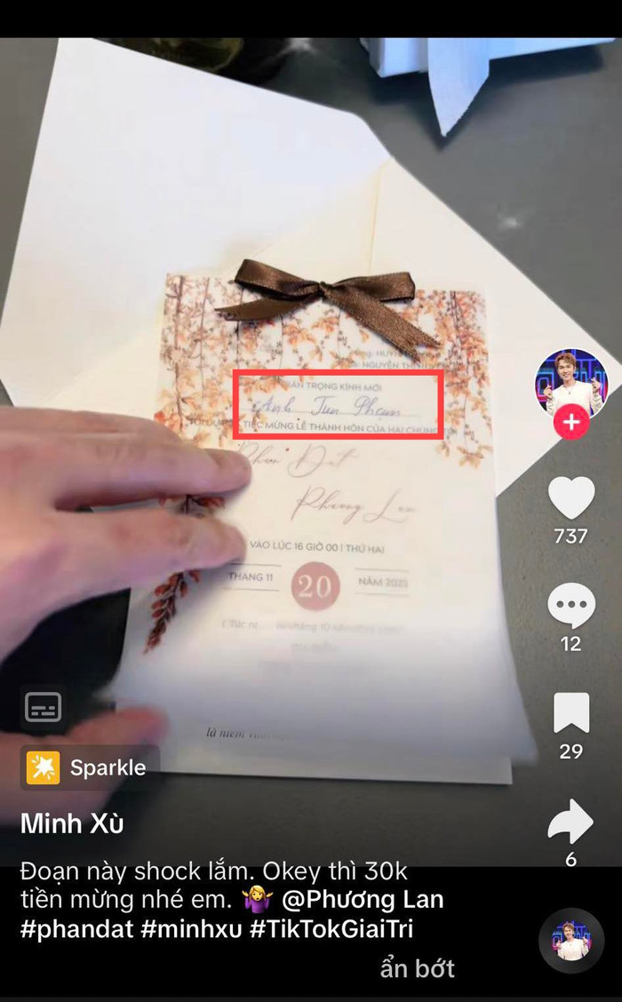 MC Minh Xù chia sẻ thiệp cười của Phương Lan - Phan Đạt, bày tỏ 'shock' vì sự sự nhầm lẫn này. 