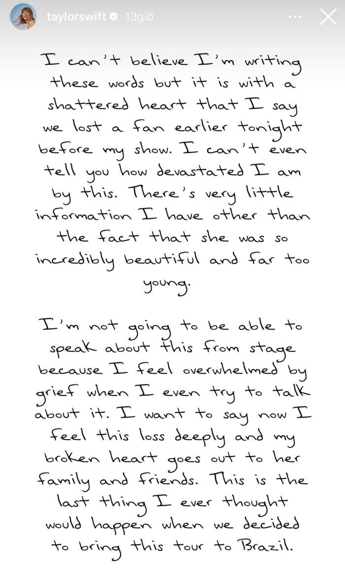 Taylor Swift vô cùng buồn bã khi biết tin người hâm mộ qua đời khi tham gia concert The Eras Tour