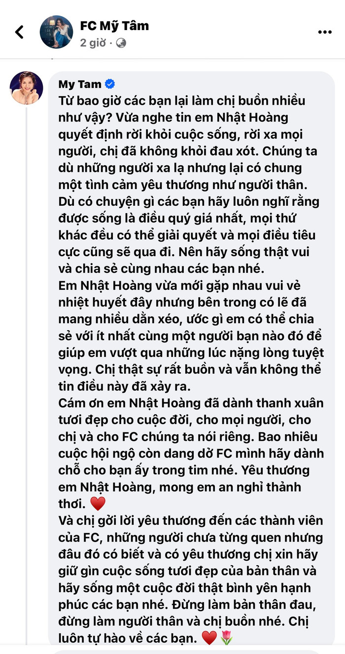 Chiều ngày 25/11, FC Mỹ Tâm đau xót nói lời tiễn biệt một thành viên trong nhóm đã ra đi mãi mãi