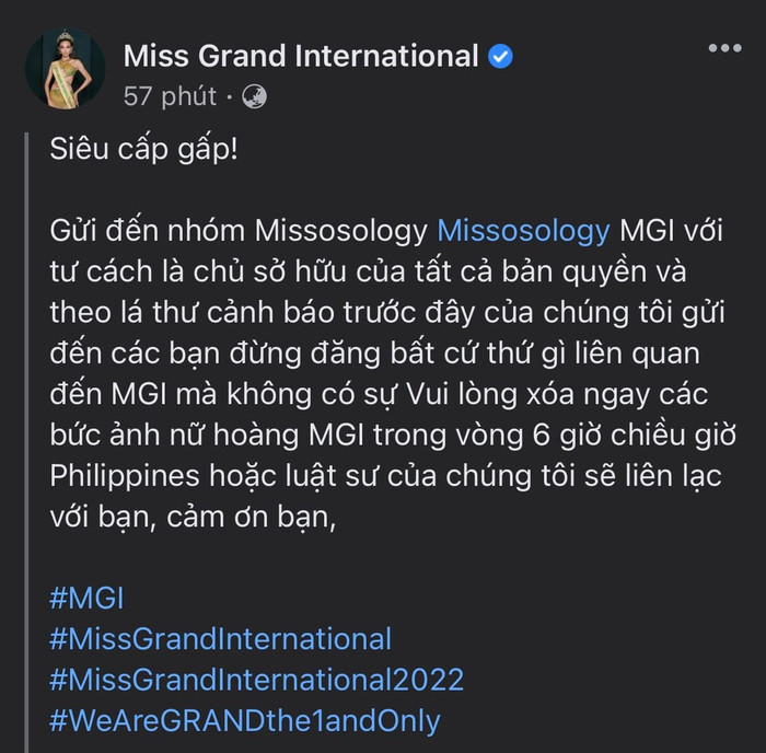 Trước đó, Miss Grand International còn gay gắt yêu cầu Missosology ngừng đăng thông tin về cuộc thi.