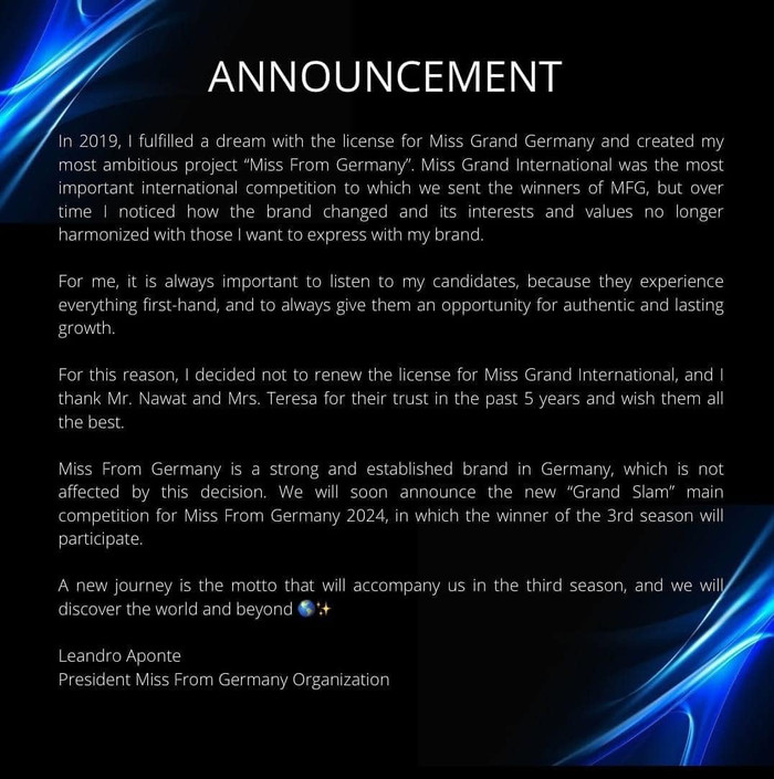 Văn bản được tổ chức này đăng tải trên trang Facebook Miss From Germany.