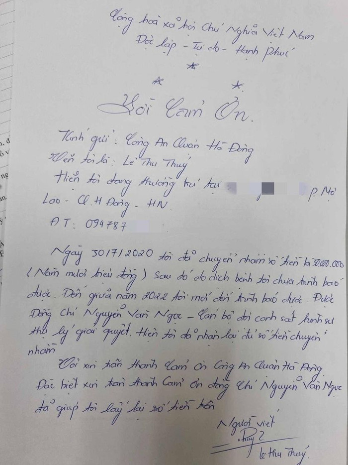 Thư cảm ơn của chị Thủy gửi đến các chiến sỹ Công an quận Hà Đông 