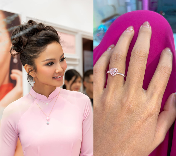 Chiếc nhẫn nhỏ được đính đá quý hoặc kim cương màu hồng hình trái tim được H'Hen Niê đăng tải trên trang cá nhân với trạng thái: 'Đẹp!'. Cô không tiết lộ ai là người tặng và không nói thêm được tặng nhẫn nhân dịp gì.  