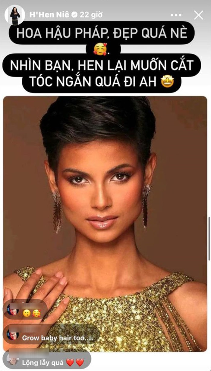 H'Hen Niê bồi hồi nhớ lại thời gian để tóc ngắn cá tính khi ngắm nhìn tân hoa hậu Pháp.