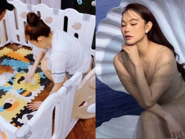 Dù khá bận rộn nhưng mỹ nhân sinh năm 1987 vẫn toàn tâm toàn ý chăm lo cho con đầu lòng. Cô còn hài hước đùa rằng chồng mình có hai vợ, một là mẹ bé Mỡ, hai là Minh Hằng. 