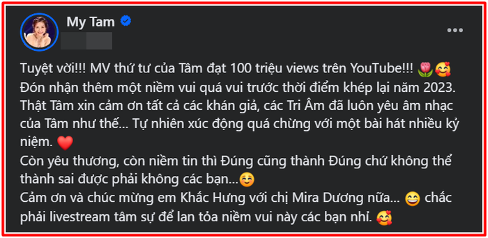 Trở thành nữ ca sĩ có 4 MV đạt trăm triệu view của Vpop, Mỹ Tâm: 'Tự nhiên xúc động quá chừng' Ảnh 6