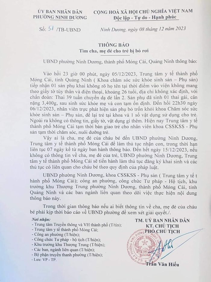 Thông báo tìm cha, mẹ cho trẻ bị bỏ rơi của UBND phường Ninh Dương, TP Móng Cái, Quảng Ninh