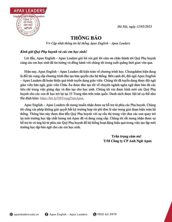 Thông báo của hệ thống Trung tâm Anh ngữ Apax Leaders gửi cho phụ huynh vào chiều tối 12/5 về việc mở cửa trở lại 33 trung tâm