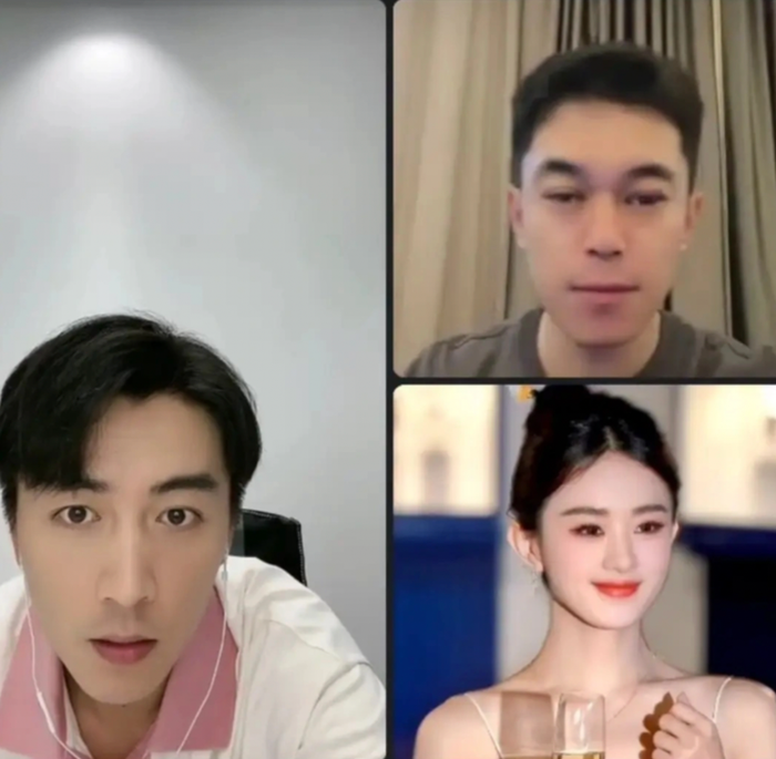 Nam diễn viên gượng gạo khi nhìn thấy ảnh 'tình cũ' Triệu Lệ Dĩnh. (Ảnh chụp màn hình livestream Weibo)