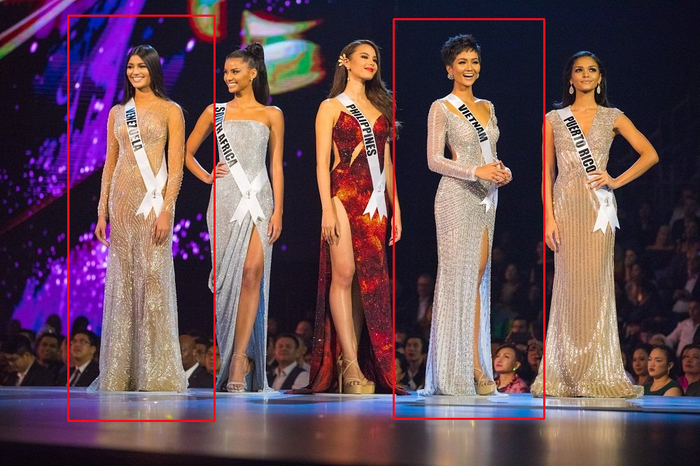 H'Hen Niê cùng Sthefany Gutierrez cùng nhau dắt tay nhau vào Top 5 Miss Universe trên sân khấu Thái Lan cách đây 5 năm. 