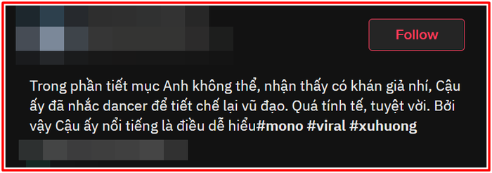 Chia sẻ của fan về hành động trao đổi nhỏ với nữ dancer của MONO