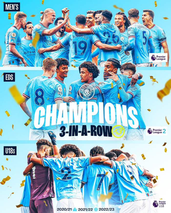 Man City cũng hoàn tất ba lần liên tiếp vô địch Ngoại hạng Anh. 