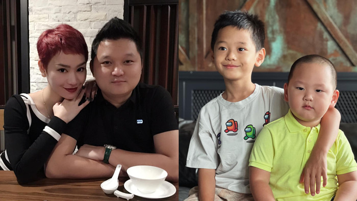 Trà My Idol còn hào hứng ghép thêm hình ảnh hai con trai ở thời điểm hiện tại 