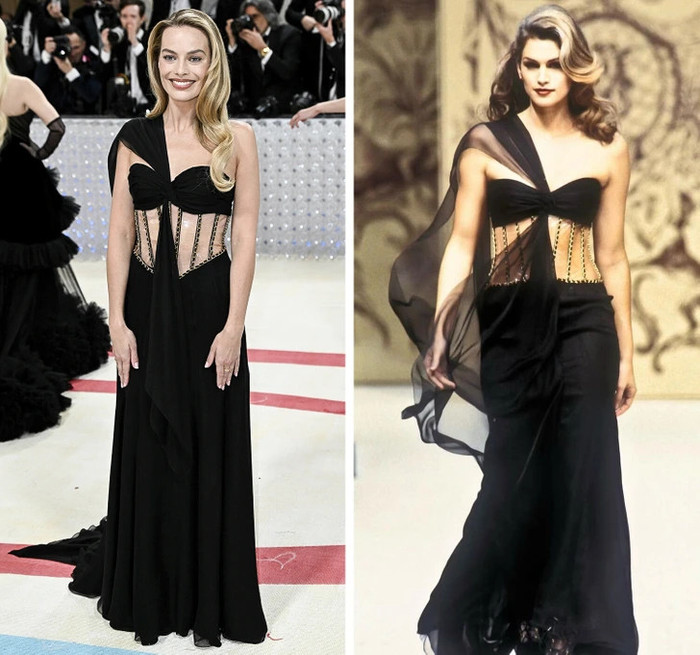 Margot Robbie đã mặc một chiếc váy lệch vai tuyệt đẹp của Chanel tại Met Gala 2023. Giới mộ điệu ngay lập tức nhận ra thiết kế này giống với chiếc váy Chanel mang tính biểu tượng mà Cindy Crawford mặc trong buổi trình diễn thời trang cao cấp Xuân/Hè 1993.