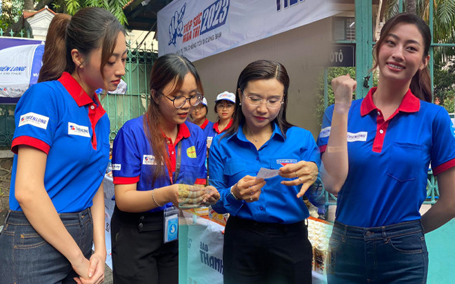Hoa hậu Lương Thùy Linh cùng đội tình nguyện viên TP.HCM hết mình tiếp sức sĩ tử thi tốt nghiệp THPT Ảnh 2