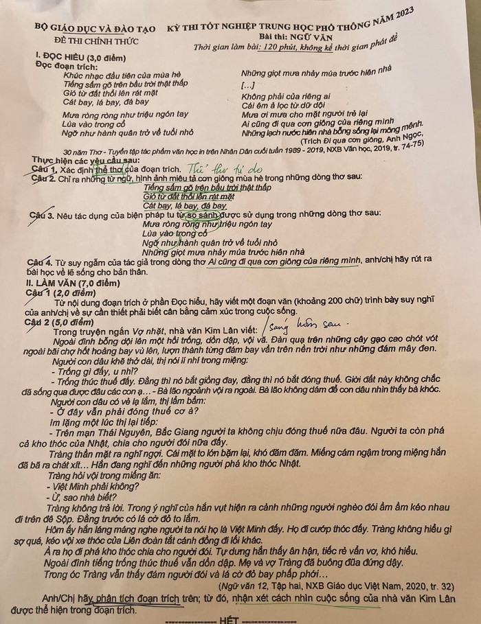 Đề thi môn ngữ Văn trong kỳ thi tốt nghiệp THPT quốc gia 2023