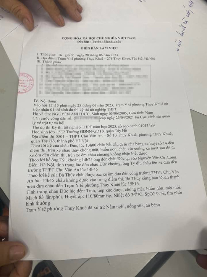 Biên bản làm việc chiều ngày 28/6 được ký xác nhận bởi Trạm Y tế phường Thụy Khê và những người liên quan