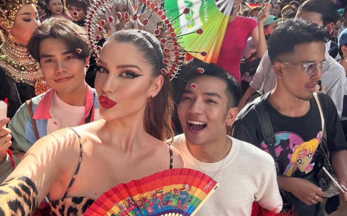 Hoa hậu Hoà bình Quốc tế 2022 bất ngờ xuất hiện 'đỏ rực' tại Pride Bangkok 2023. Ảnh 2