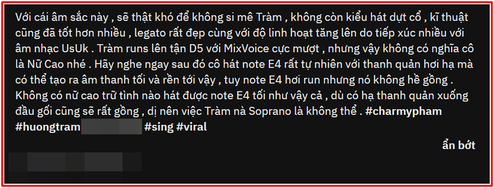 Người hâm mộ lên tiếng về giọng hát của Hương Tràm trong tiết mục biểu diễn tại Mỹ Ảnh 2