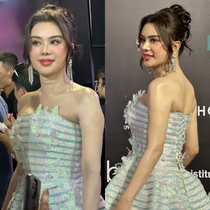 Giọng ca Sầu thiên thu gây 'náo loạn' thảm đỏ với chiếc đầm đính bướm màu xanh cúp ngực. Visual trẻ trung của người đẹp cân đẹp cả camera thường khi bị bắt cận. 