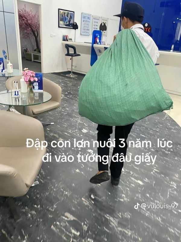 Chàng trai mang bì tiền đến ngân hàng gửi tiết kiệm sau khi đập ống heo tích cóp 3 năm. (Nguồn: @vulouis_97) 