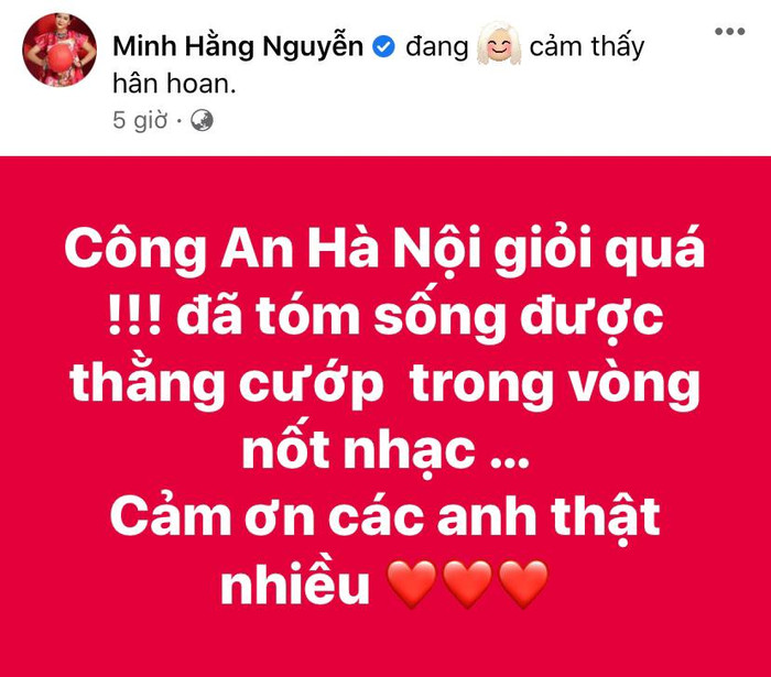 NSND Minh Hằng vui mừng khi phía Công an đã bắt được kẻ gian (Ảnh: Chụp màn hình)