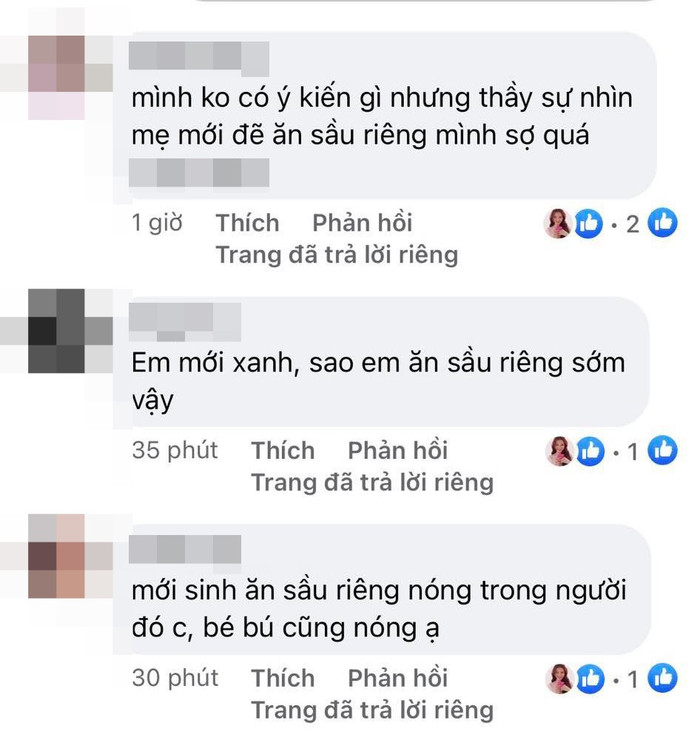 Nhiều người đã để lại lời nhắc nhở đến Phương Trinh Jolie khi mẹ bỉm ăn sầu riêng trong giai đoạn ở cử 