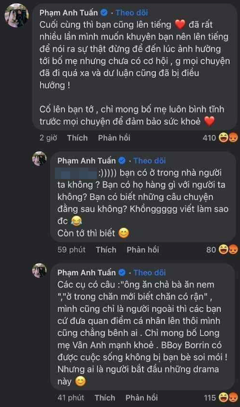 Bình luận bênh vực chồng cũ của Phạm Anh Tuấn vấp phải cơn chỉ trích dữ dội từ người hâm mộ. Ngay sau đó, anh đã phải xoá bình luận và tắt tính năng bình luận trên Facebook cá nhân. Thế nhưng, cộng đồng mạng đã tràn vào tấn công vợ con của nam diễn viên và để lại nhiều đánh giá 1 sao ở nhà hàng của Anh Tuấn. 