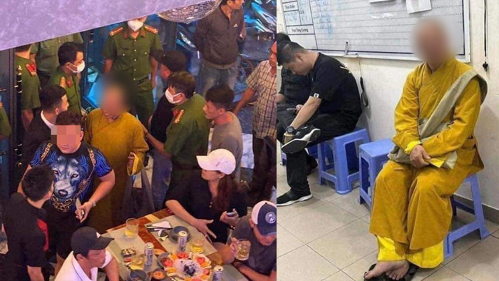 Ông Nguyễn Minh Phúc bị phát hiện mặc pháp phục tu hành xuất hiện tại 1 cơ sở ăn uống hoạt động như mô hình quán bar ở quận Gò Vấp, TP.HCM. (Ảnh: MXH).