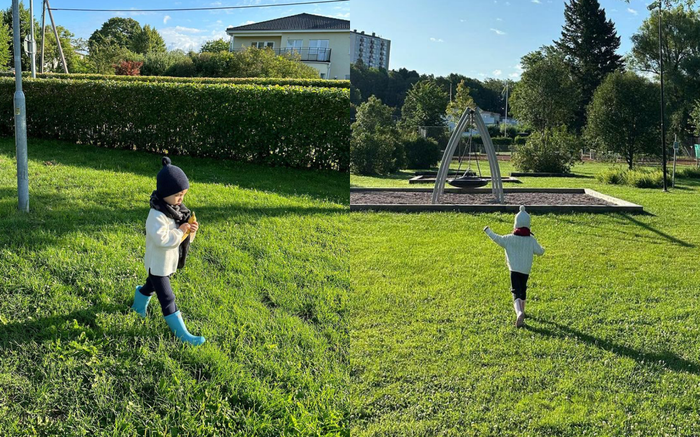 Sân vườn nhà ba mẹ Kim Lý là nơi các nhóc tỳ thoải mái vui chơi, đùa giỡn 