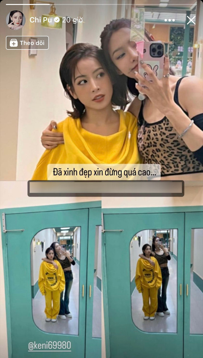 Chi Pu bị đối thủ Keni 'dìm' chiều cao trong khung ảnh chụp chung tại hậu trường. (Ảnh chụp màn hình)