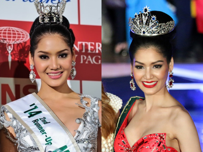 Thậm chí Punika đạt tận hai ngôi vị Á hậu 2 tại Miss Earth 2013 (phải) và Á hậu 2 Miss International 2014 với kiểu tóc tương tự. Thật sự quá trùng hợp mà!