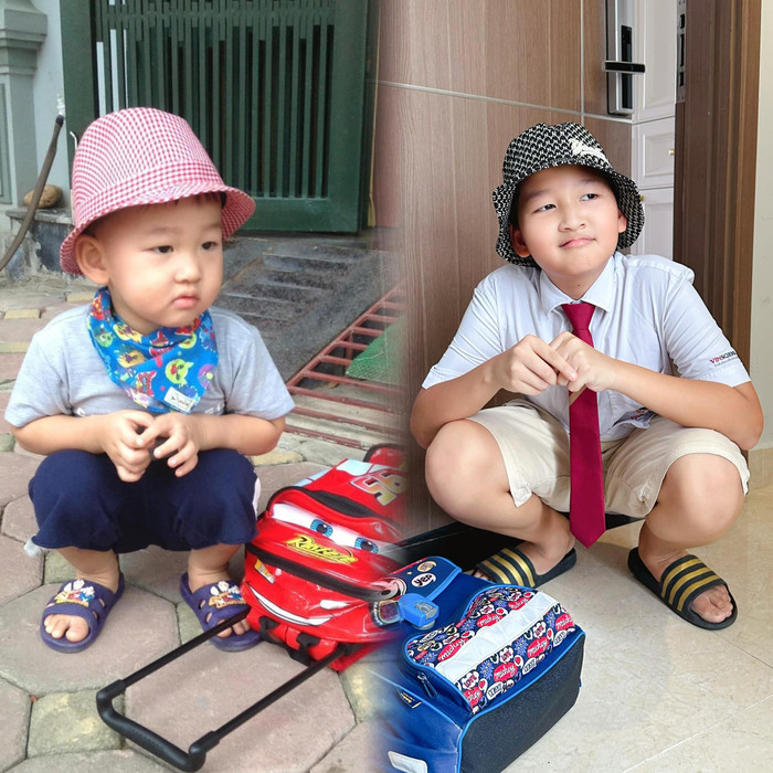 Bảo Thanh còn khéo léo ghép hình ảnh quý tử khi hồi còn học mẫu giáo so với thời điểm hiện tại