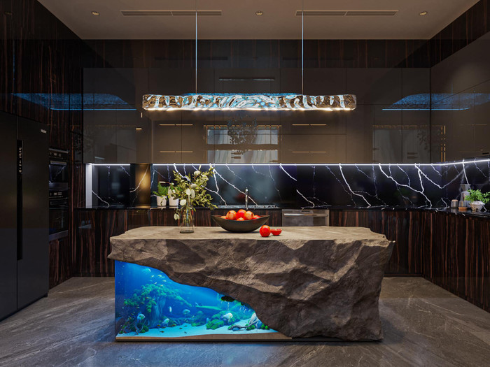 Góc nhà bếp của Phương Oanh được lấy ý tưởng thiết kế từ vũ trụ và đại dương. (Ảnh: FBNV)