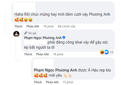Á hậu Phương Anh vô cùng hào hứng khi Lê Hoàng Phương trở thành tân Hoa hậu Hòa Bình Việt Nam, tuy nhiên cô vẫn đặc biệt nhấn mạnh về lời mời cưới nàng hậu trong thời gian sắp tới