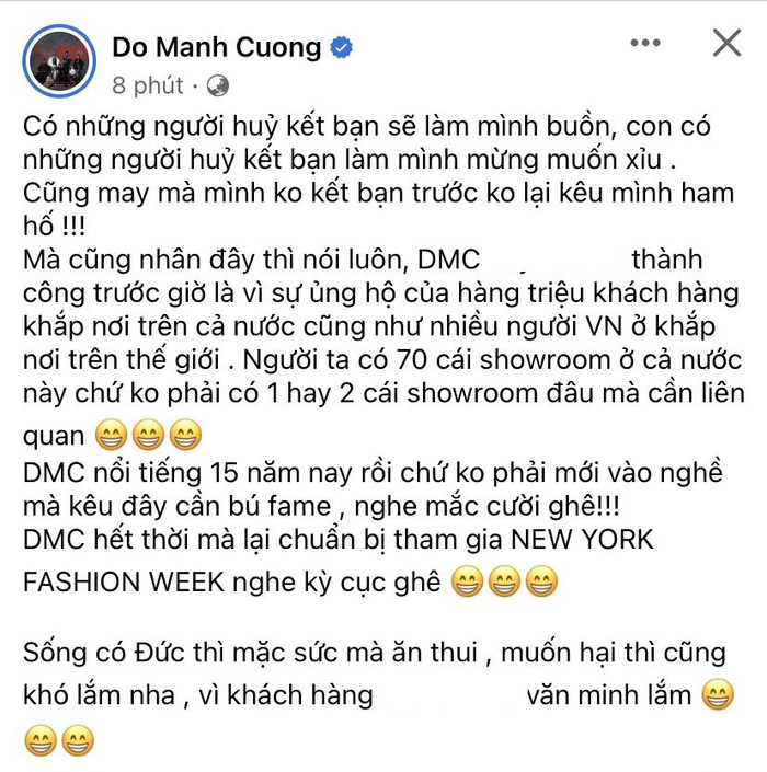 Đỗ Mạnh Cường được cho là đang ngầm nói về việc bị Trưởng BTC Miss World Vietnam hủy kết bạn trên nền tảng Facebook