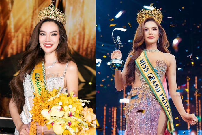 Lê Hoàng Phương (trái) đại diện Việt Nam và Aoom Thaweeporn đại diện Thái Lan để tranh vương miện tại Hoa hậu Hòa bình Quốc tế 2023.