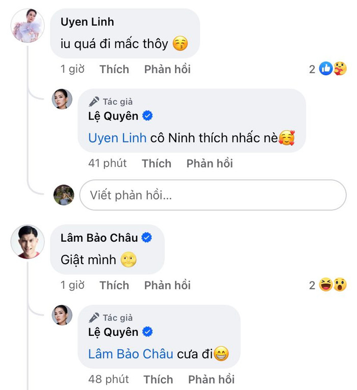 Khi trả lời bình luận của bạn trai và đàn em, Lệ Quyên đều thể hiện sự vui vẻ, thoải mái